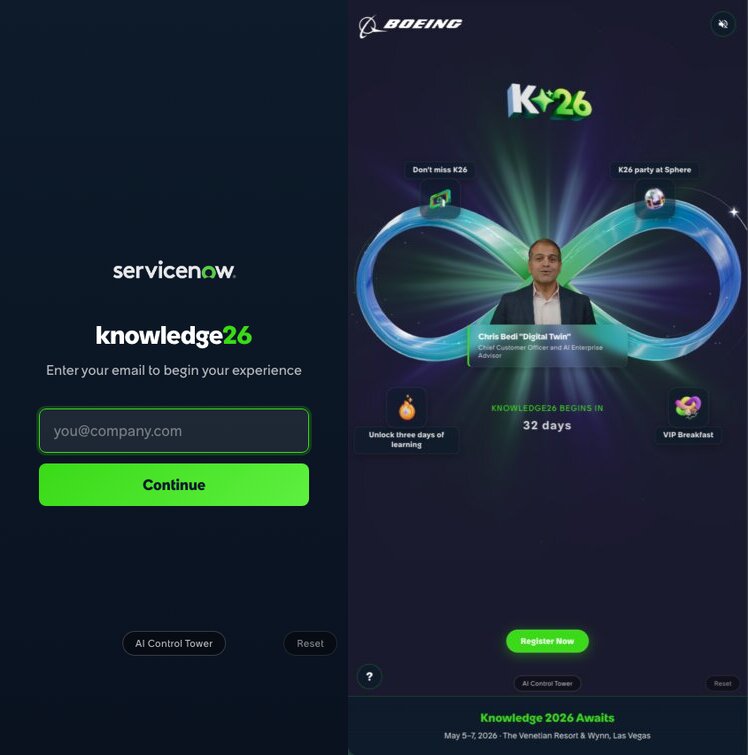 The email auth screen and the full AR experience side by side — login on the left, Boeing-branded infinity loop with video and hotspots on the right